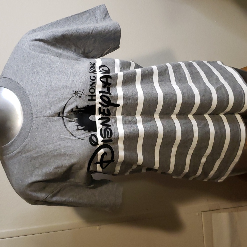NWT, Disney Hong Kong tee, stripe gray and white, 100% cotton, Size Medium